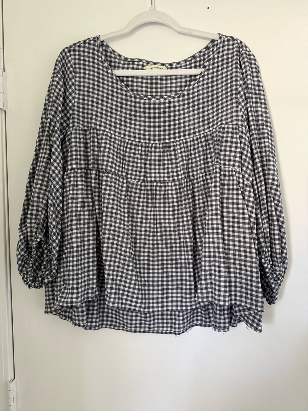 Women's Blue and White Gingham Peasant Top